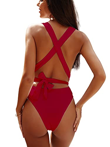 Image of Lilosy Sexy Tie Criss Cross Plunge One Piece Thong Swimsuit High Cut Brazilian Bathing Suit