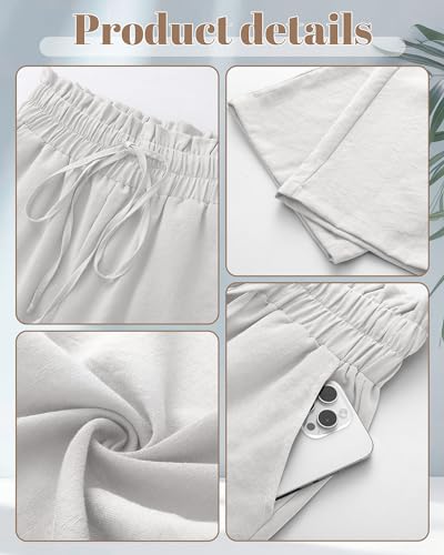 Riyiper 2 Pcs Women's Wide Leg Pants, Casual Linen High Waisted Cropped Trousers with Pockets Drawstring Loose Palazzo Pants (Black, White,Small)4