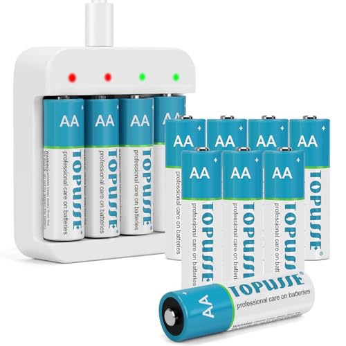 TOPUSSE 12 Pack 1.5V Rechargeable Lithium Batteries AA for Blink Camera, Long-Lasting Double A Size Battery 2800mWh with 2H Fast Charger (Independent Slot)