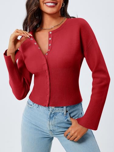 Image of Saodimallsu Womens Cropped Sweaters Cardigan | Button Down,Long Sleeve,V Neck,Ribbed Knit,Slim Fit ,Pullover Crop Tops