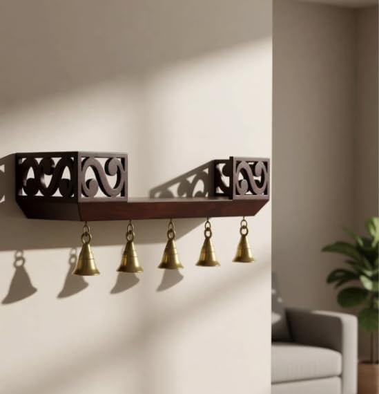 Image of Elcom Handicrafts Wooden Wall Mounted Temple Shelf with 5 Hanging Brass Bells | Decorative Pooja Shelf for Home Temple, Entrance, Living Room & Office | Dark Brown Finish