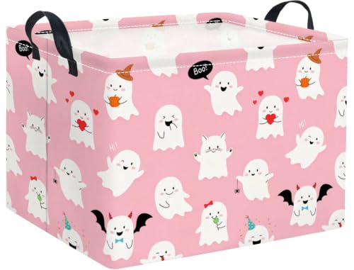 Image of Halloween Basket Cute Baskets for Kids Pumpkin Basket Rectangular Storage Bin Organizer Box Room Decor(Pink Ghosts)