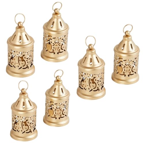 Image of Hanging Metal Candle & Tealight Holder Lantern Set with LED Candle - Vintage Golden Decorative Lanterns for Home, Living Room, Dining Table, Balcony, Garden, Festival & Gift (Pack of 6)