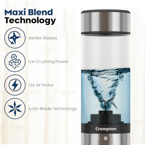 Image of Crompton Ameo Fresh Portable Blender | Smoothie & Juice maker | 126W Blender Mixer Grinder | USB-C Rechargeable | Compact & Travel Friendly | 1 Year Warranty | Smart safety lock | 400 ml | Sipper Cap