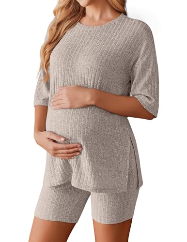 Ekouaer Womens Maternity Lounge Set 2 Piece Outfits Short Sleeve Shirts and Biker Shorts Pregnancy Pajamas Mama Clothes