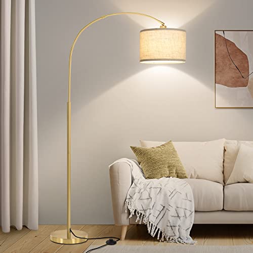 Gold Floor Lamp Arc Floor Lamp for Living Room with Adjustable Drum Lampshade Modern Tall Standing Lamp with On/Off Foot Switch Over Couch Arched Reading Light for Reading Bedroom Office