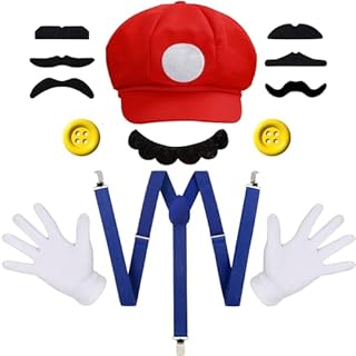 iZoeL Mario Luigi Costume Kits - Mario Hat Mario Cap Mardi Gras Cosplay Costume Accessories for Mario Bros Fancy Dress Carnival Outfit Costume Women Men Kids White Gloves Mustache