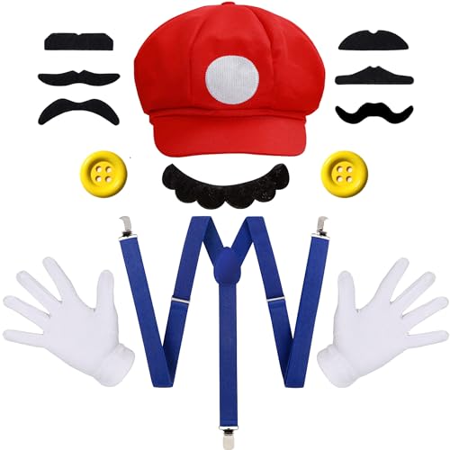 iZoeL Bros Sombrero Gorras Bigotes Guantes Botones Tirantes Cosplay Accesorios Para Disfraces De Halloween Mujeres Hombres Niños Halloween Disfraz (Rojo)