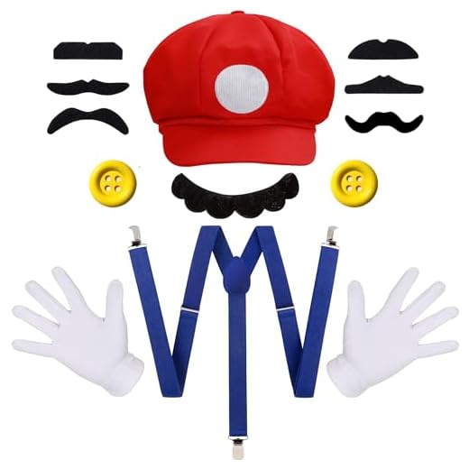 iZoeL Bros Sombrero Gorras Bigotes Guantes Botones Tirantes Cosplay Accesorios Para Disfraces De Halloween Mujeres Hombres Niños Halloween Disfraz (Rojo)