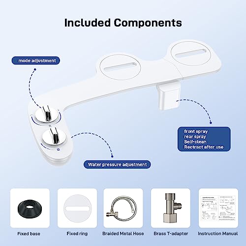 Bidet Attachment for Toilet, Non-Electric Self-Cleaning Dual Nozzle (Feminine/Bidet Wash) Toilet Bidet, Fresh Cold Water Sprayer Bidets for Existing Toilets with Adjustable Pressure Control