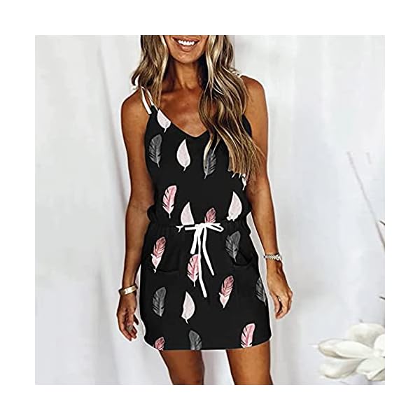 Womens Summer Dresses Casual Sleeveless Dresses Sexy V Neck Sun Dresses Feather Print Dresses with Pockets, Black, Large - Image 3
