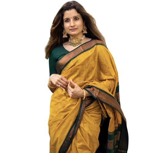 Image of DHIHA Gadwal Cotton Saree for Women | Pure Kalyani Cotton Saree with Zari Border Tassels & Blouse | Kanjivaram Linen Silk | Handloom Weave