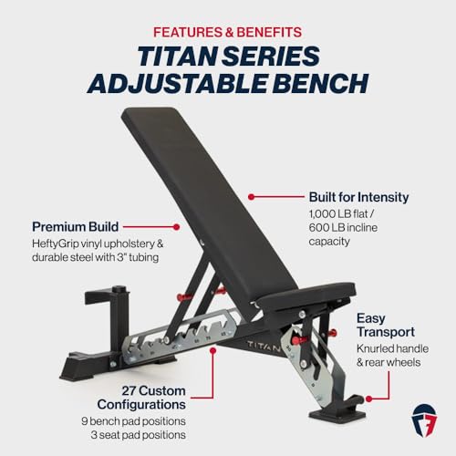 Titan Fitness TITAN Series Black Adjustable Bench, Supports 600 LB Incline, 1,000 LB Flat, Versatile Single Post Utility Workout Bench for Home Gym, Weightlifting, Strength Training