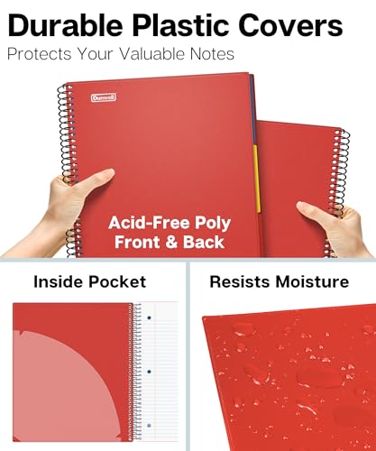 Image of Dunwell 3-Subject Spiral Notebook College Ruled 8.5x11 (Red), 150 Sheets (300 Pages), Tabs, Color Movable Divider Pockets, Protective Plastic Covers, 3-Hole Punched Tear-Off Paper