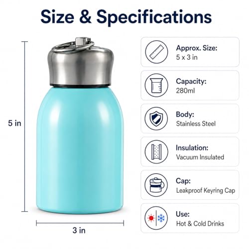 Image of Mini Stainless Steel Vacuum Insulated Water Bottle, 280ml, Black, Leakproof, Hot and Cold, with Keyring Cap (Sky)