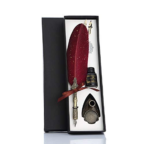 VANGOAL Vintage Carving Feather Pen Set, Glittering Quill Pen Set Antique Calligraphy Writing