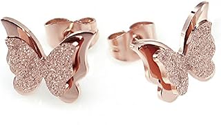 FJYOURIA Jewellery Women's Butterfly Ear Studs Rose Gold Stainless Steel Scrub Stud Earrings - Hypoallergenic