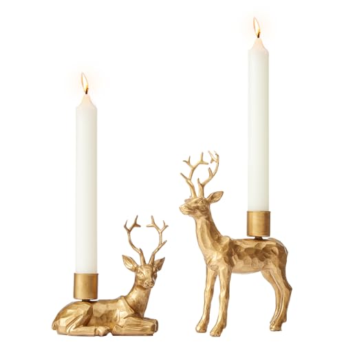 DN DECONATION Reindeer Christmas Decor Candle Holders Set of 2 – Gold Deer Taper Candlestick Holders for Holiday Centerpiece Table Decorations, Fireplace Decor, Vintage Home Decor & Wedding