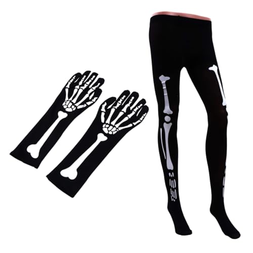 GALPADA Unique Bone Print Gloves Pantyhose Set Halloween Tights Gloves Cosplay Party Accessory