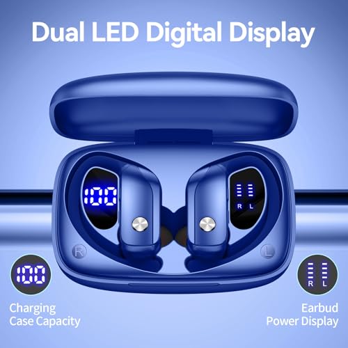 Image of Wireless Earbuds Bluetooth Headphones 48hrs Play Back Sport Earphones with LED Display Over-Ear Buds with Earhooks Built-in Mic Headset for Workout Blue BMANI-VEAT00L