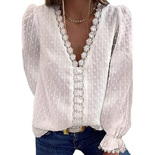 Blusa feminina de chiffon com decote em V e manga comprida com emenda de renda, blusa de cor sólida,