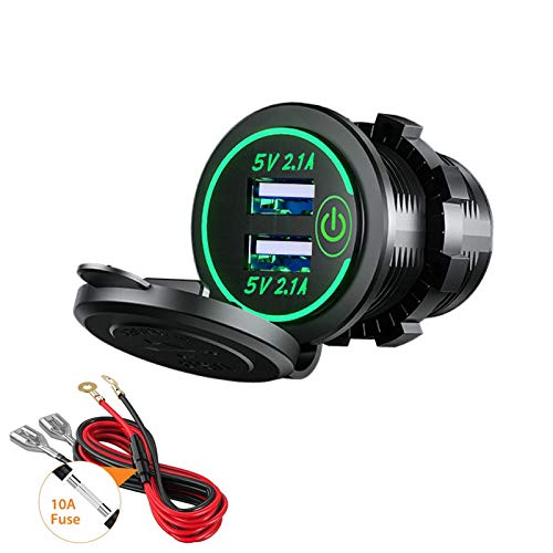 Thlevel Toma USB Coche 12V 24V 4.2A Dual QC3.0 Cargador Rápido Impermeable con Verde LED Indicador para Coches Motos Camiones Barcos