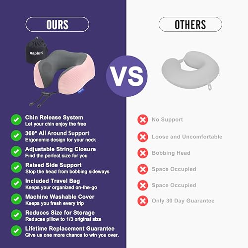 Image of napfun Neck Pillow for Traveling, Upgraded Travel Neck Pillow for Airplane 100% Pure Memory Foam Travel Pillow for Flight Headrest Sleep, Portable Plane Accessories, Pink