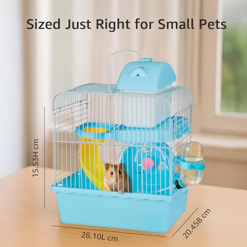 Image of Amazon Basics Hamster, Gerbil, Guinea Pig Cage and Playhouse | Blue | Spacious Plastic Cage for Small Pets | 2 Level | Double Story with Slide, Exercise Wheel and Feeding Bottle | LxWxH-27x 17x 31 Cm
