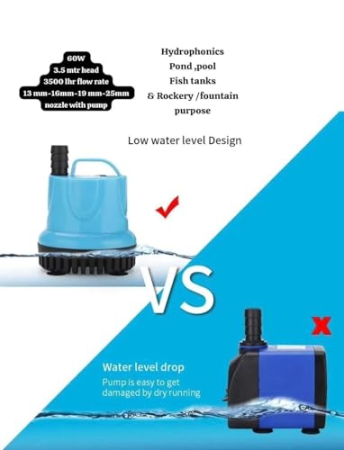 Image of Asian Pumps 3500L /H Submersible Water Fountain Pump 60W Small Sump Pump with 9FT High Lift, Aquarium Pumps for Outdoor Pond, Hydroponic, Statuary, Waterfall, Aquarium, Fish Tank 220V