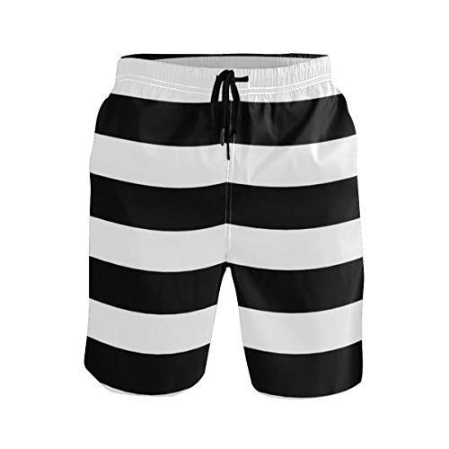 Men's Quick Dry Swim Trunks with Pockets Black and White Horizontal Stripe Beach Swimwear Board Shorts2