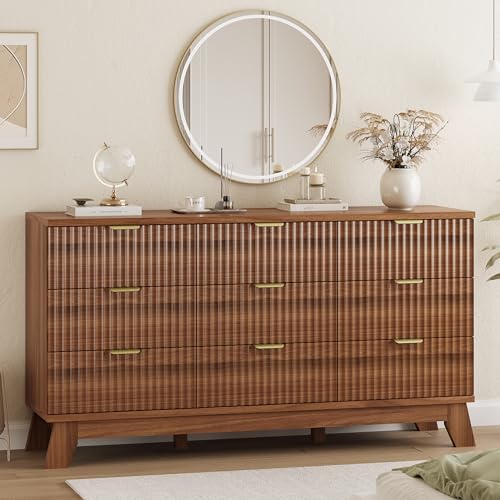 Image of Xixini Fluted Dresser for Bedroom with 9 Drawers, 57 inch Wide Modern Chest of Drawers with Metal Handle, Wooden Dresser TV Stand, Wood Closet Clothes Storage Organizer for Living Room, Hallway, Walnut