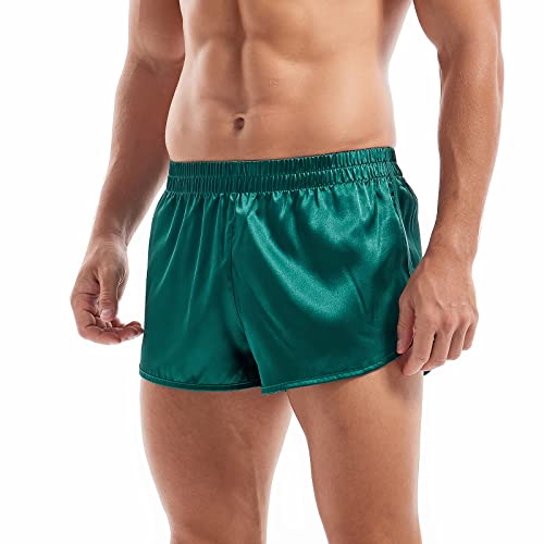 Amy Coulee Mens Satin Boxers Shorts Silky Pyjama Shorts Sleeping Underwear Split Side Sexy Boxers Briefs with Elastic Waist (Green,S)