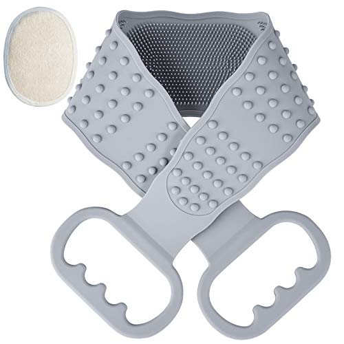 Silicone Bath Body Brush, Back Scrubber for Shower with Exfoliating Loofah Pad for Men and Women (Grey)