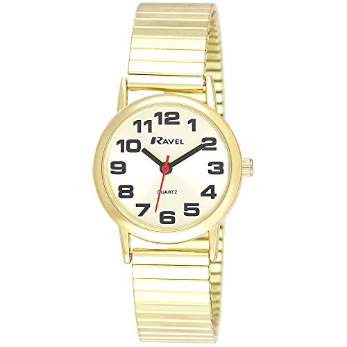 Ravel - Reloj de Pulsera Mujer de Acero Inoxidable con Números Grandes y Manecillas Audaces - Cuarzo Analógico - R0208.05.2S - Color Dorado/Esfera Oro