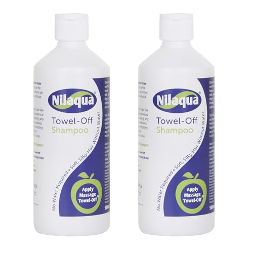 Nilaqua Towel off Shampoo 500ml 2 pack, Non Rinse with Vitamin E, No Water - Rinse free hair washing, Kind and Gentle to Scalp, Triclosan Free, Paraben Free, Latex Free, Alcohol Free, UK Manufactured