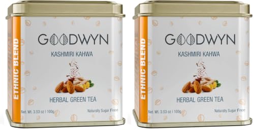 Image of Goodwyn Kashmiri Kahwa Green Tea (100g) | Authentic Herbal Qawah with Saffron, Almonds & Spices | Low Caffeine Herbal Tea | Non Bitter | Reusable Tin Can | Premium Hamper Gift Souvenir (Pack of 2)