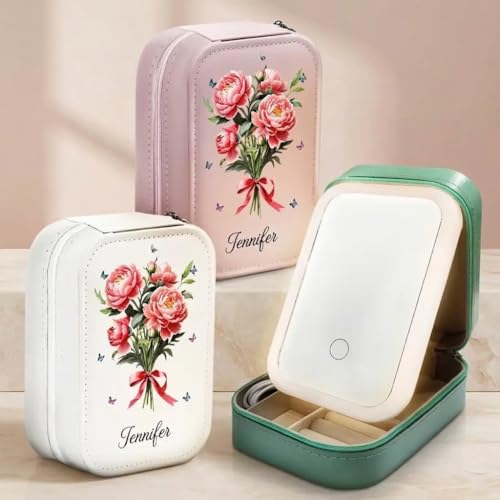 Image of PRIMIT LED Travel Jewelry Case and Makeup Bag with Mirror, Dust-Proof Jewelry Box, 10 Sealed Jewelry Bags - Compact Cosmetic Mirror Case for Women Girls Travel Essentials (White Flower)