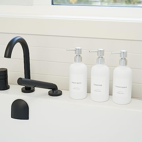 Image of Stylish Shampoo and Conditioner Dispenser Set of 3 - Modern 21oz Shower Soap Bottles with Pump and Labels - Easy to Refill Body Wash Dispensers for an Instant Bathroom Decor Upgrade - White