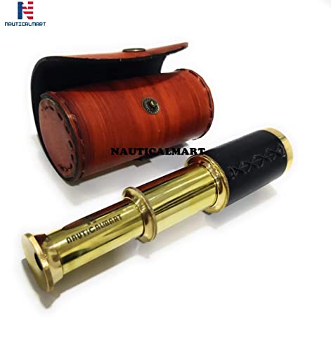 Nauticalmart 6" Handheld Brass Spyglass Telescope With Cylindrical Leather Brown Bag - Pirate Navigation Functional Telescope - Nautical Collectibles #TOP4