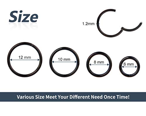 4Pcs 16G 18G 20G Surgical-Steel-Piercing-Ring-Nose-Rings-Hinged-Hoop-Earrings,6mm 8mm 10mm 12mm Seamless Stainless Steel Clicker Eyebrow Septum Piercing Hoop,Sliver Black Gold Rose Gold Rainbow Body Jewelry Set3