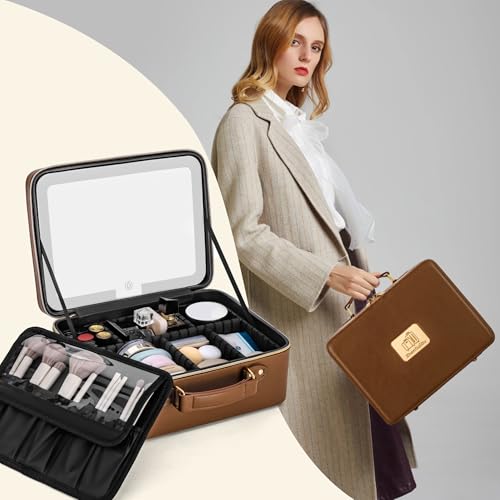 LED Travel Makeup Bag with Lighted Mirror, Portable Cosmetic Organizer Case with Adjustable Dividers & Brush Holder, Large Capacity Makeup Storage for Travel & Professional Use (Brown) - Image 4