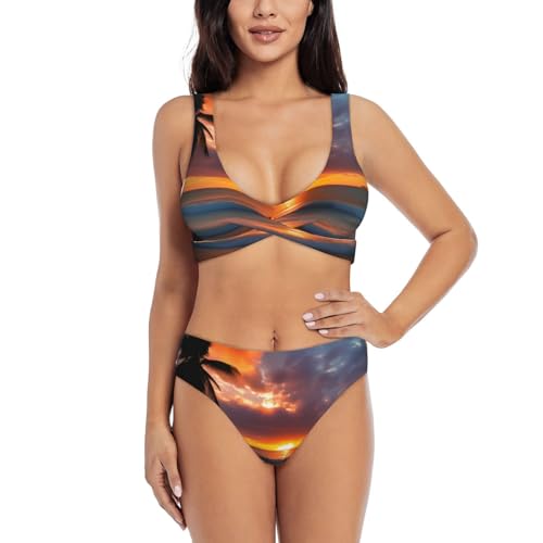 Maillot de bain 2 pièces femme imprimé coucher de soleil pour plage