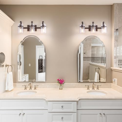 Image of 3 Light Bathroom Vanity Light, Oil Rubbed Bronze Bathroom Light Fixtures Over Mirror, Farmhouse Vanity Light with Clear Glass Shade