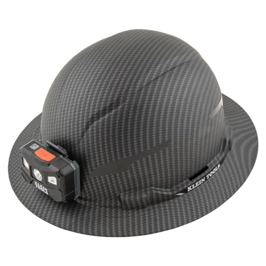 Klein Tools 60346 Hard Hat, Non-Vented Full Brim, Class E, Premium KARBN Pattern, Rechargeable Lamp, Padded Sweat-Wicking Sweatband, Top Pad