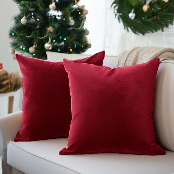 Encasa Christmas New Year VELVET Cushion Covers 2pc Set (60 x 60 cm) - Red Solid Plain Dyed, Soft & Smooth, Washable, Square Decorative Large Throw Pillow Case for Couch, Sofa, Chair, Bed