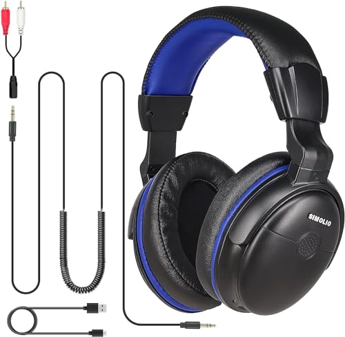 SIMOLIO Casque Audio PC TV Filaire Supra Auriculaire, Câble 3.5mm 5.5M Extensible Extra Long Spirale, Contrôle du Ton/Amplification du Son/Contrôle du...