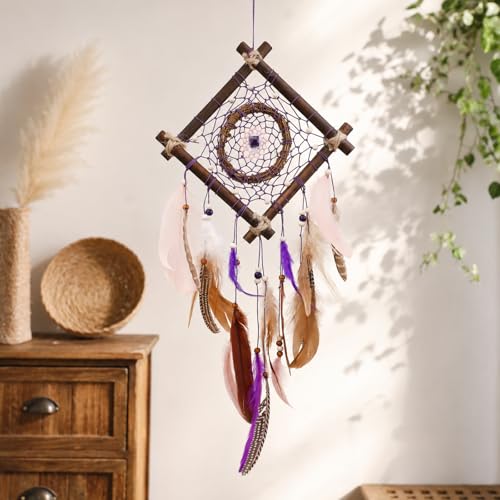 Dream Catcher Boho Wall Decor, Rattan & Goose Feather & Crystal Wall Art