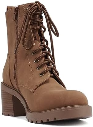 Soda “VELOUR” ~ Women Round Toe Lace-Up Lug Sole Medium Stack Heel Mid Shaft Combat Boot with Side Zipper (LIGHT COGNAC NUBUCK, numeric_10) | Image 3