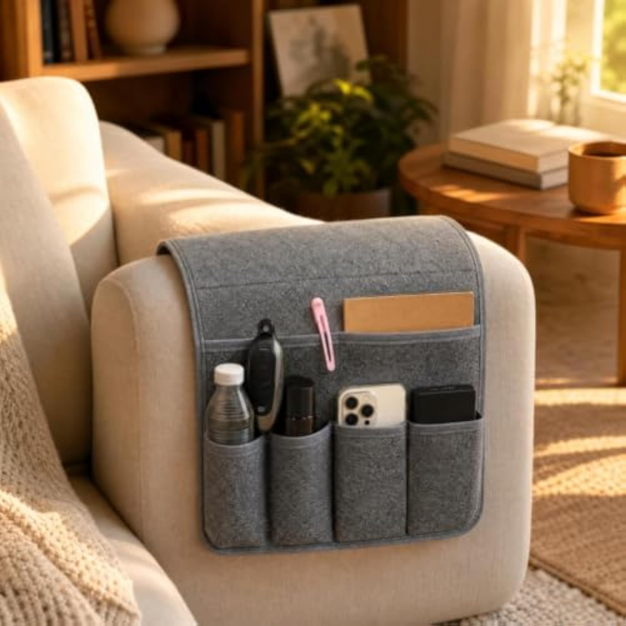 Felt Sofa-Armrest Hanging Organizer, Multi-Compartment Pouch