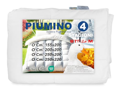Tex family Piumino d’Oca Stream 4 Stagioni - Trapunta Letto Caldo Leggero - 80% Piuma, 20% Piumino - Singolo e Matrimoniale - Cm. 250x200